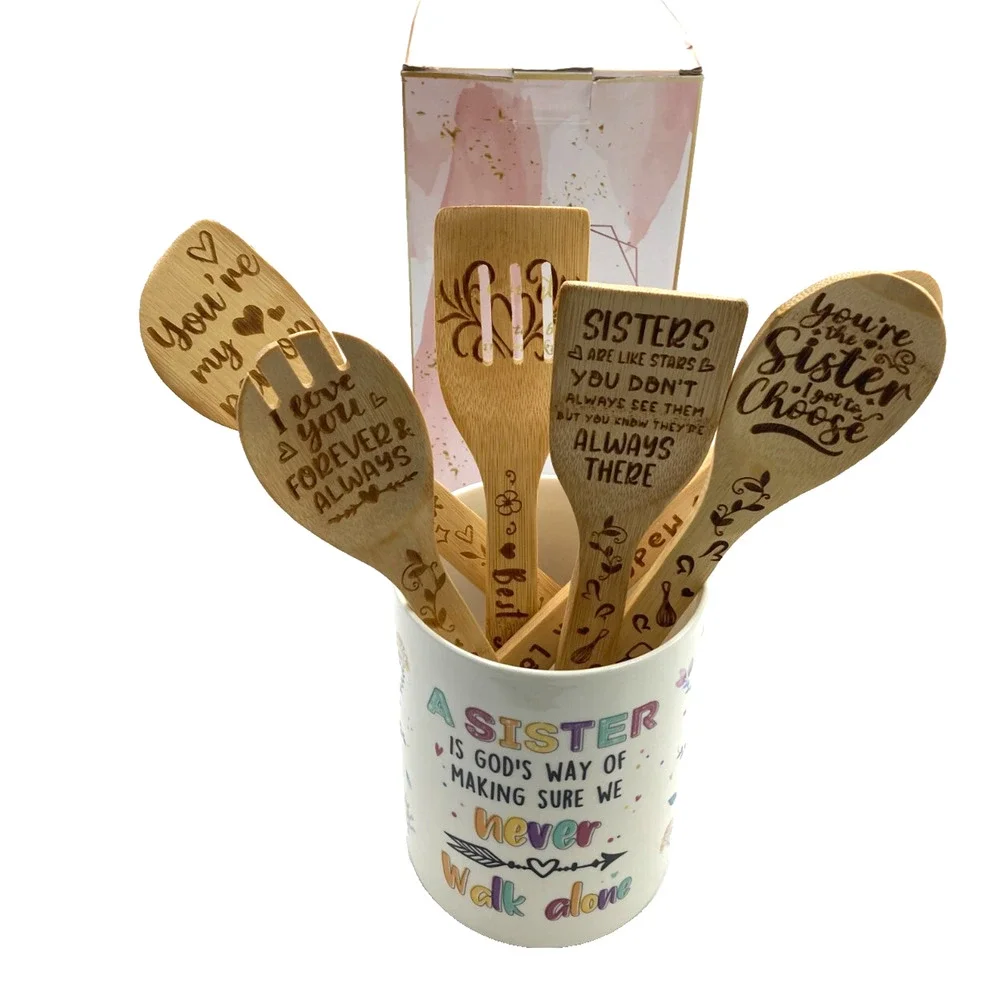 Sister Bamboo Kitchen Utensil Set with Ceramic Holder 6 Piece Gift Set New